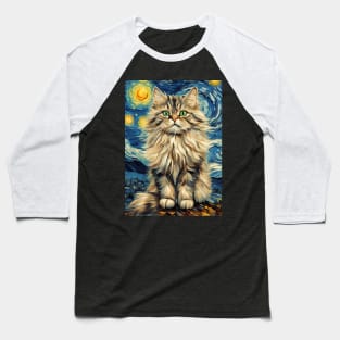 Siberian Cat Breed Painting in a Van Gogh Starry Night Art Style Baseball T-Shirt